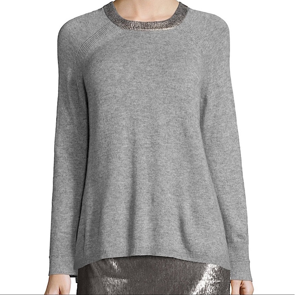 HALSTON HERITAGE Long Sleeve Split Back Crewneck Sweater in Light Gray SZ M
